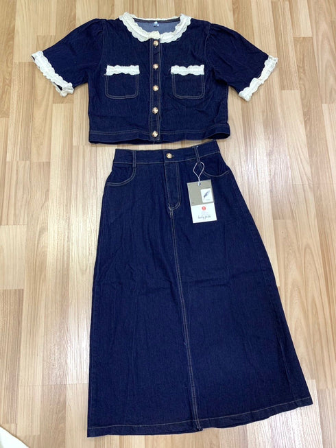 Ladies Denim Trendy Skirt With Lace Crop Tops Sets